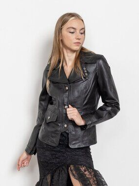 LEATHER BLACK JACKET Cropped Slim Fit Coat Y2K Collared / Small